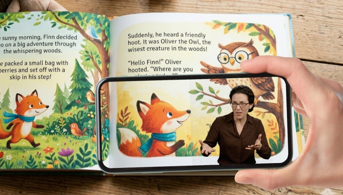 Celular sobre un libro infantil impreso con la intérprete de señas en pantalla