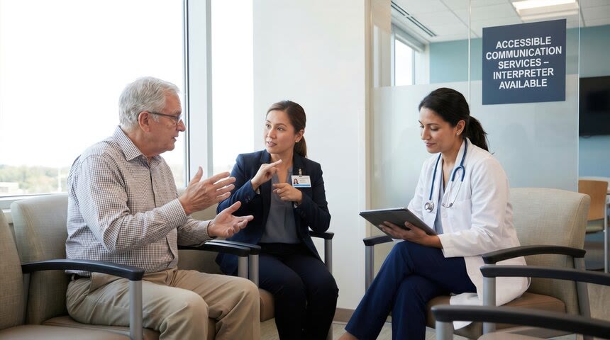 Intérprete apoyando a un paciente en una consulta médica